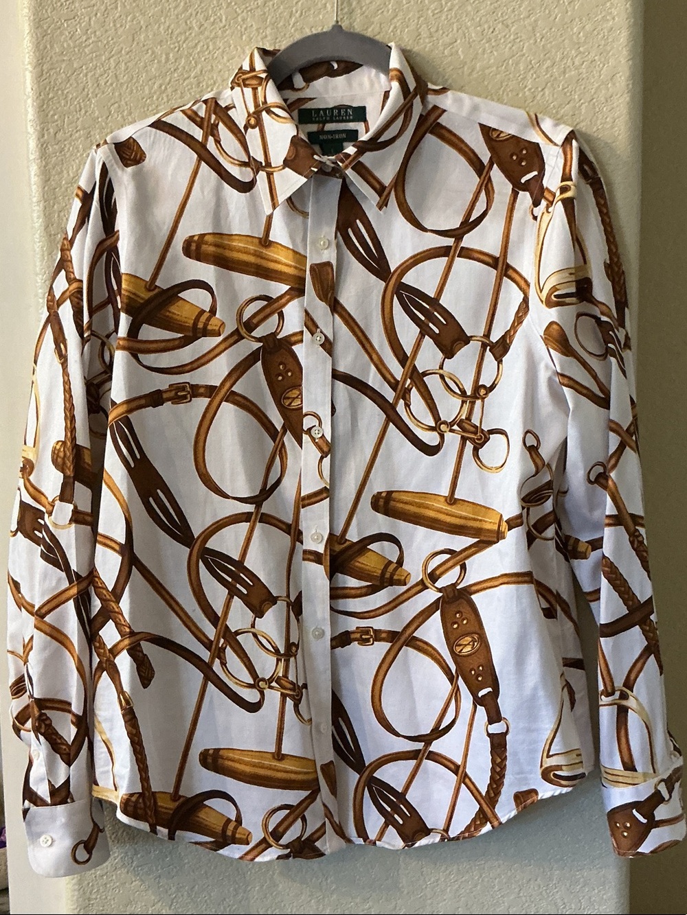 Ralph Lauren White Shirt with Brown & Gold Equestrian Print SZ L